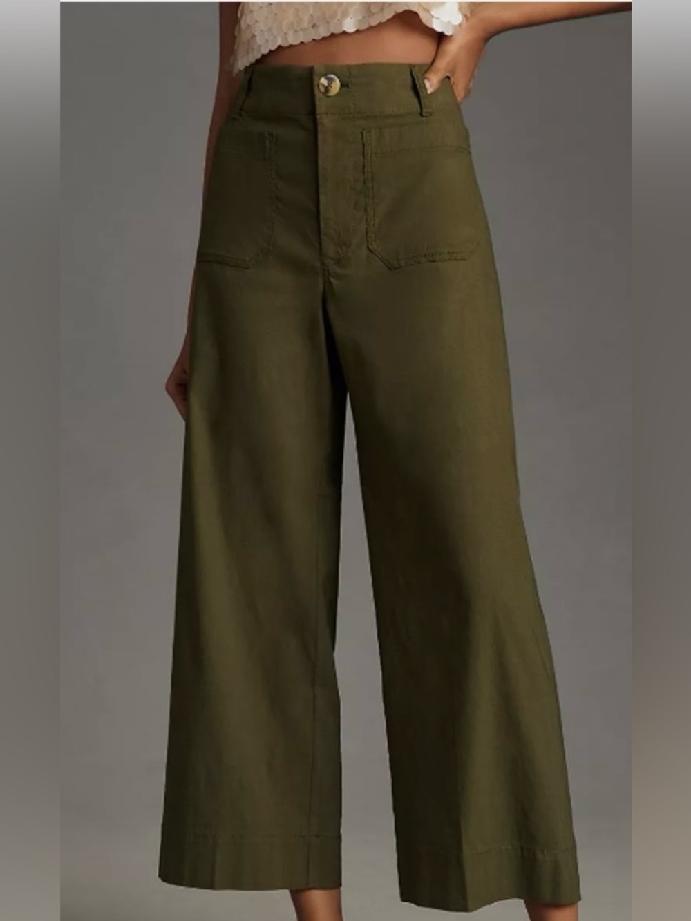 Anthropologie Maeve Colette Pants in Olive Green with Red Stitching
